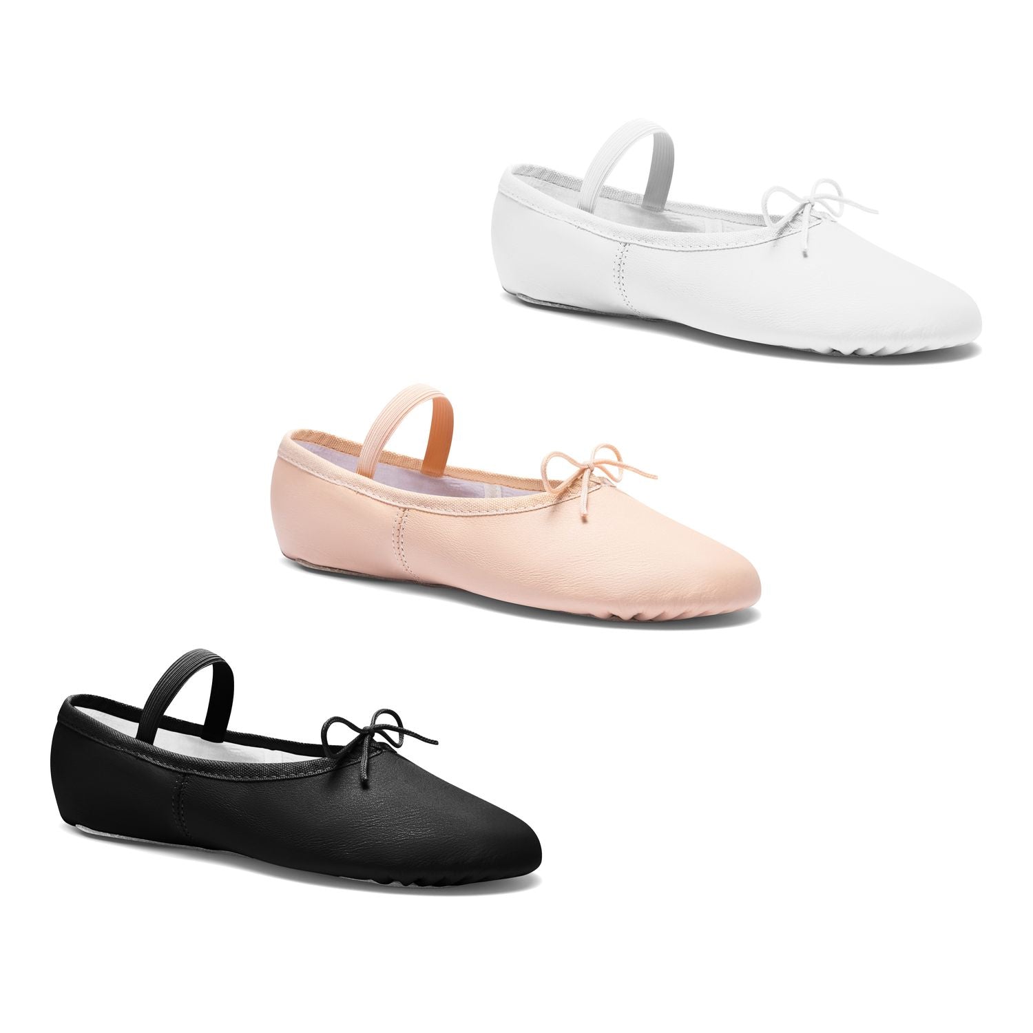 Drei Paar Rumpf Ballettschläppchen schwarz, beige, weiß mit elastischen Trägern und Schleifenakzenten.